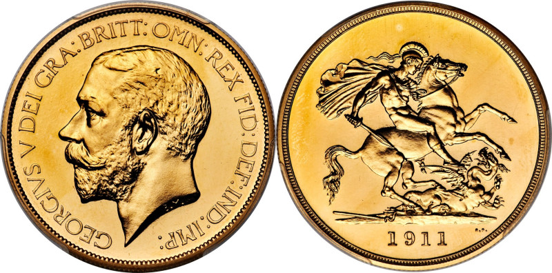 George V gold Proof 5 Pounds 1911 PR66 PCGS, KM822, S-3994, W&R-414. Mintage: 2,...