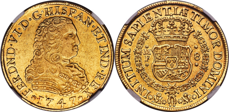 Ferdinand VI gold 8 Escudos 1747 Mo-MF AU53 NGC, Mexico City mint, KM149, Cal-78...