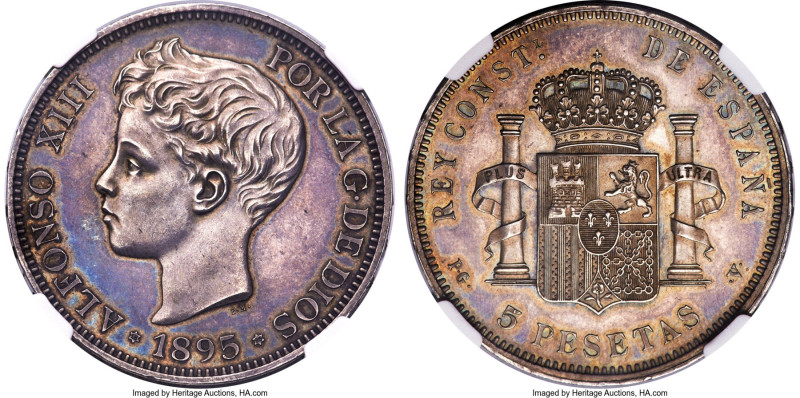 Alfonso XIII 5 Pesetas 1895(95) PG-V SP62 NGC, Madrid mint, KM707, Cal-105 (RRR,...