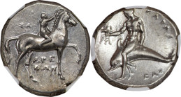 CALABRIA. Tarentum. Ca. 302-281 BC. AR didrachm (22mm, 7.89 gm, 4h). NGC Choice AU 5/5 - 4/5, Fine Style. Arethon, Sa-, and Cas-, magistrates. Nude yo...