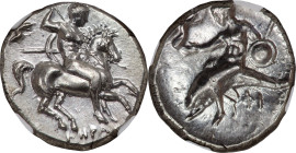 CALABRIA. Tarentum. Ca. 302-281 BC. AR didrachm (21mm, 7.88 gm, 12h). NGC Choice AU 5/5 - 4/5, Fine Style. Hera, magistrate. Nude warrior on horseback...