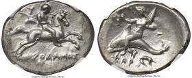 CALABRIA. Tarentum. Ca. 302-280 BC. AR didrachm (24mm, 7.86 gm, 5h). NGC Choice AU 4/5 - 4/5. Eu-, Nicodamus, and Chor-, magistrates. Nude warrior on ...