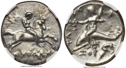 CALABRIA. Tarentum. Ca. 302-281 BC. AR didrachm (21mm, 7.87 gm, 6h). NGC Choice AU 4/5 - 4/5. Eu-, Nicodamus, and Chor-, magistrates. Nude warrior on ...