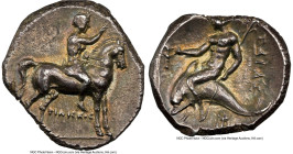 CALABRIA. Tarentum. Ca. 281-240 BC. AR didrachm (21mm, 6.58 gm, 5h). NGC Choice AU 4/5 - 5/5. Philiscus, magistrate. Nude youth on horseback right, wi...