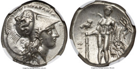 LUCANIA. Heraclea. Ca. 281-250 BC. AR stater (20mm, 7.81 gm, 5h). NGC Choice XF 5/5 - 4/5, Fine Style. ͰΗΕPΑΚΛΗΙΩ-Ν, Head of Athena right, hair flowin...