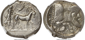 SICILY. Gela. Ca. 480-470 BC. AR tetradrachm (24mm, 16.96 gm, 5h). NGC Choice XF 4/5 - 2/5, smoothing. Charioteer driving walking quadriga right, on d...