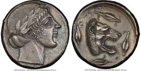 SICILY. Leontini. Ca. 450-430 BC. AR tetradrachm (25mm, 17.43 gm, 11h). NGC MS 4/5 - 2/5, Fine Style, smoothing, die shift, edge marks. Laureate head ...