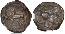 SICILY. Panormos (as Ziz). Ca. 405-380 BC. AR tetradrachm (25mm, 17.14 gm, 5h). NGC Choice XF 3/5 - 4/5. Male charioteer driving racing quadriga left,...