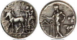 SICILY. Selinus. Ca. 440-409 BC. AR tetradrachm (25mm, 16.79 gm, 5h). ANACS XF 40. ΣEΛINO-N-TI-ON (retrograde), Artemis driving walking quadriga left,...