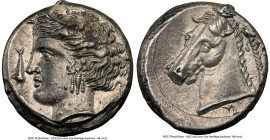 SICULO-PUNIC. Sicily. Entella. Ca. 320-300 BC. AR tetradrachm (24mm, 16.91 gm, 11h). NGC AU 4/5 - 4/5. Mem issue. Head of Arethusa left, wreathed with...