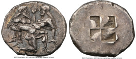 THRACIAN ISLANDS. Thasos. Ca. 500-450 BC. AR stater (23mm, 8.78 gm). NGC Choice XF 5/5 - 4/5. Nude ithyphallic satyr running right, carrying nymph, he...