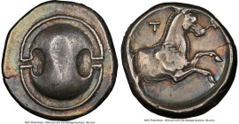 BOEOTIA. Tanagra. Ca. 400-350 BC. AR stater (23mm, 12. 17 gm, 1h). NGC XF 4/5 - 4/5, light marks. Boeotian shield / T-A, forepart of horse leaping rig...