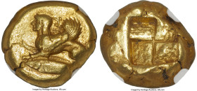 MYSIA. Cyzicus. Ca. 550-450 BC. EL stater (17mm, 16.12 gm). NGC XF 4/5 - 4/5. Sphinx crouching left, right forepaw raised; tunny fish left below / Qua...