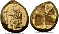 MYSIA. Cyzicus. Ca. 500-450 BC. EL sixth-stater or hecte (11mm, 2.68 gm). NGC AU 3/5 - 4/5. Nude youth kneeling left, holding tunny fish by tail in ri...