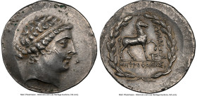 AEOLIS. Cyme. Ca. 165-155 BC. AR tetradrachm (32mm, 16.78 gm, 11h). NGC AU 5/5 - 4/5. Metrophanes, magistrate. Head of the Amazon Cyme right, her hair...