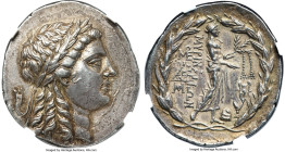 AEOLIS. Myrina. Ca. mid-2nd century BC. AR tetradrachm (32mm, 16.81 gm, 11h). NGC AU 4/5 - 4/5, die shift. Laureate head of Apollo right / MYPINAIΩN, ...