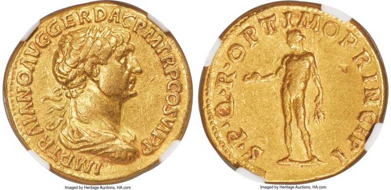 Trajan (AD 98-117). AV aureus (19mm, 7.11 gm, 7h). NGC Choice XF 5/5 - 3/5, Fine...