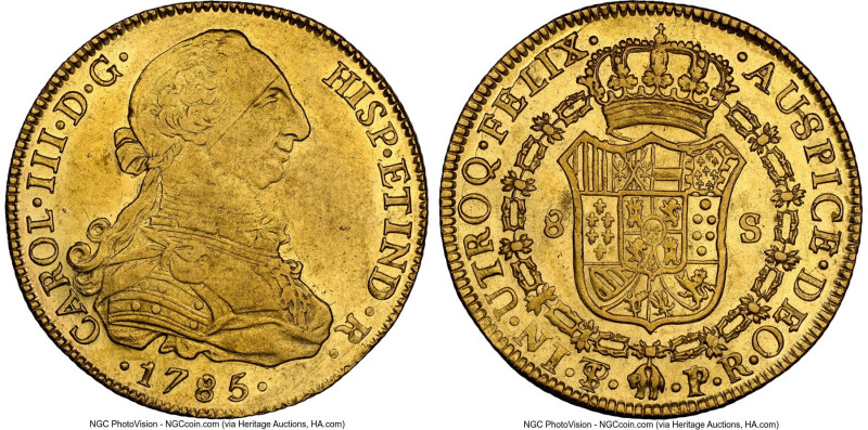 Charles III gold 8 Escudos 1785 PTS-PR AU55 NGC, Potosi mint, KM59, Cal-2070. A ...