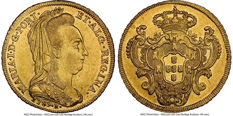 Maria I gold "Plain Headdress" 6400 Reis (Peça) 1789-R MS61 NGC, Rio de Janeiro ...