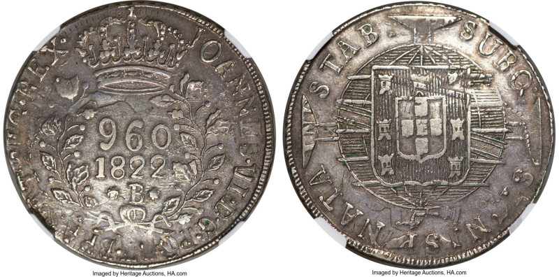 João VI 960 Reis 1822-B XF40 NGC, Bahia mint, KM326.2, LMB-464. Overstruck on a ...