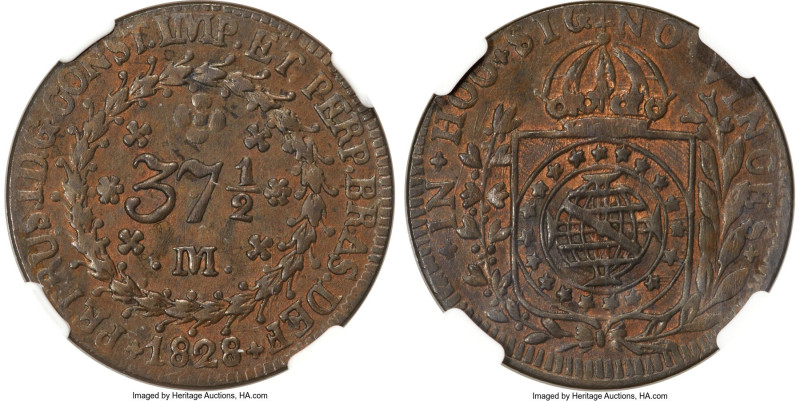 Pedro I 37-1/2 Reis 1828-M AU55 Brown NGC, Minas Gerais mint, KM362, LMB-730. Fi...