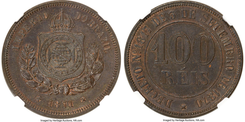 Pedro II copper Pattern 100 Reis 1871 MS63 Brown NGC, Rio de Janeiro mint, KM-PN...