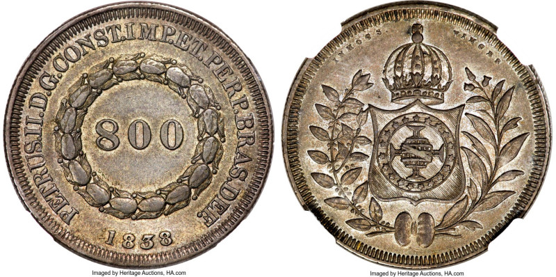 Pedro II 800 Reis 1838 AU53 NGC, Rio de Janeiro mint, KM456, LMB-547. Mintage: 4...