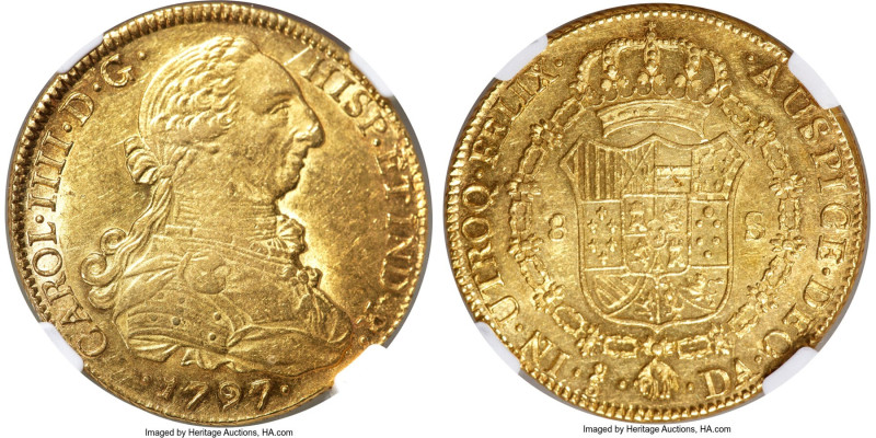 Charles IV gold 8 Escudos 1797 So-DA MS61 NGC, Santiago mint, KM54, Cal-1762. A ...