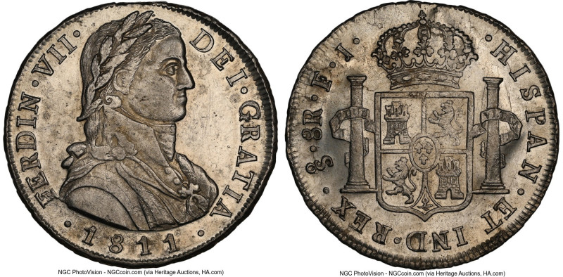 Ferdinand VII 8 Reales 1811 So-FJ MS62 NGC, Santiago mint, KM75, Cal-1403. Admir...