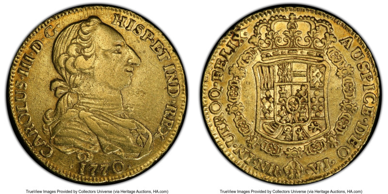 Charles III gold 4 Escudos 1770/60 NR-VJ AU50 PCGS, Nuevo Reino mint, KM43.1, Ca...