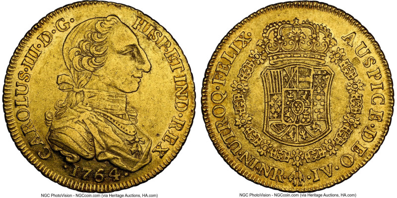 Charles III gold 8 Escudos 1764 NR-JV AU53 NGC, Nuevo Reino mint, KM41, Cal-2082...