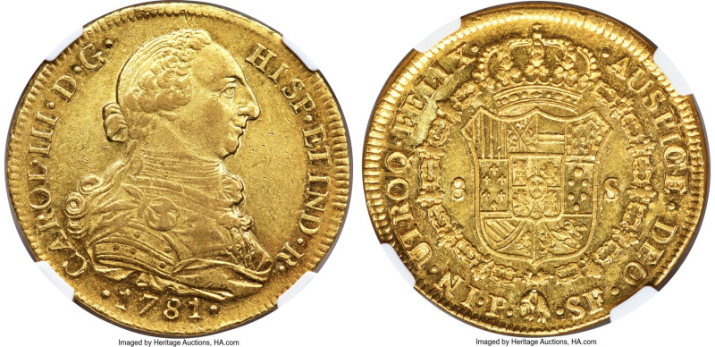 Charles III gold 8 Escudos 1781 P-SF AU58 NGC, Popayan mint, KM50.2, Cal-2049. T...