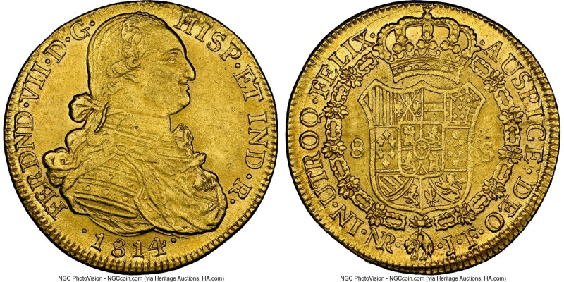 Ferdinand VII gold 8 Escudos 1814 NR-JF MS61 NGC, Nuevo Reino mint, KM66.1, Cal-...