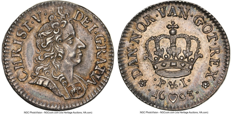 Christian V Mark 1693 MS61 NGC, Copenhagen mint, KM424.2. Without denomination a...