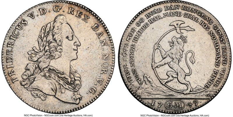 Frederick V Reisedaler (6 Mark) 1749-W AU Details (Cleaned) NGC, Copenhagen mint...