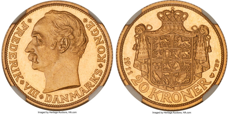 Frederick VIII gold Proof 20 Kroner 1911 (h)-VBP PR65 NGC, Copenhagen mint, KM81...