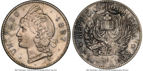 Republic Peso 1897-A MS63 NGC, Philadelphia mint, KM16. A one-year type struck from dies prepared in Paris, and an incredible survivor at that, fully ...