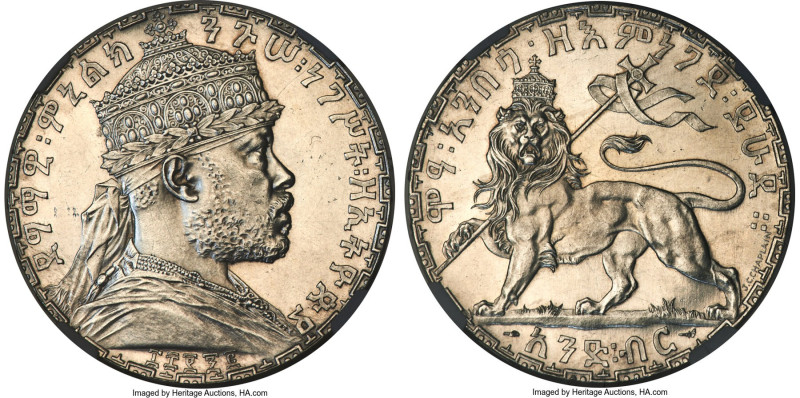 Menelik II Birr EE 1892 (1900) MS61 Prooflike NGC, Paris mint, KM19. An impressi...