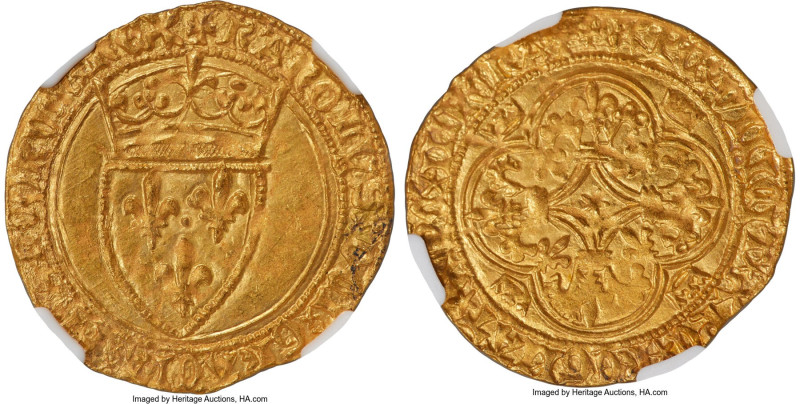 Charles VI gold Ecu d'Or ND (1380-1422) MS63 NGC, Tours mint (pellet below 6th l...