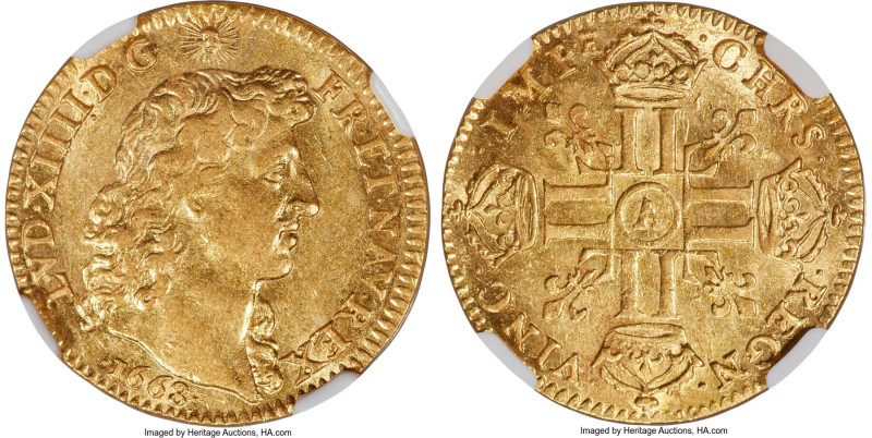 Louis XIV gold Louis d'Or 1668-A AU58 NGC, Paris mint, KM219.1, Gad-246. Plain h...