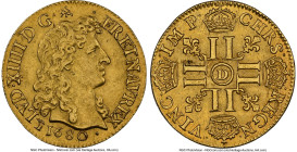 Louis XIV gold Louis d'Or 1680-D AU58 NGC, Lyon mint, KM219.3, C-1791 (R2). A scarce selection of this pleasant gold issue featuring a young bust of t...