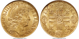 Louis XIV gold Louis d'Or 1687-D MS63 NGC, Lyon mint, KM256.2, Gad-249 (R4). Wholly charming for the type, and a commendable example in choice Mint St...