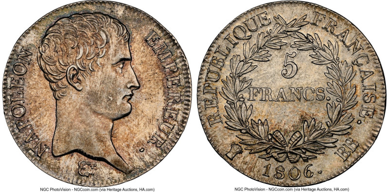 Napoleon 5 Francs 1806-BB MS62 NGC, Strasbourg mint, KM673.3. A gleaming offerin...
