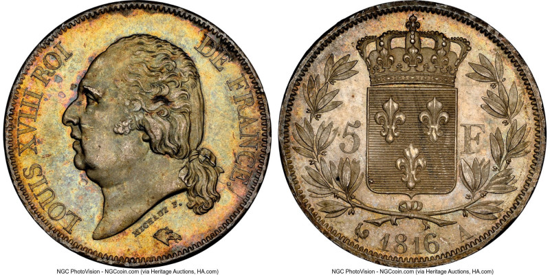 Louis XVIII 5 Francs 1816-A MS65 NGC, Paris mint, KM711.1, Dav-87, Gad-614, F-30...