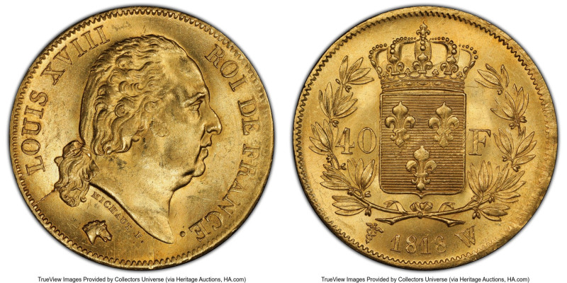Louis XVIII gold 40 Francs 1818-W MS63 PCGS, Lille mint, KM713.6, Gad-1092, F-54...