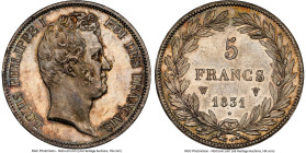 Louis Philippe 5 Francs 1831-W MS66+ NGC, Lille mint, KM745.13, Gad-676, Dav-89. Bare head, incuse variety. Icy fields and fully rendered frosted devi...