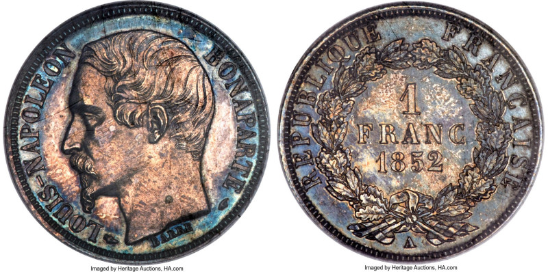 Napoleon III Proof Franc 1852-A PR63 NGC, Paris mint, KM772. An absolutely stunn...