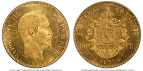 Napoleon III gold 100 Francs 1857-A MS63 PCGS, Paris mint, KM786.1, Gad-1135. When found in Choice condition, the beauty of this reverse design is har...