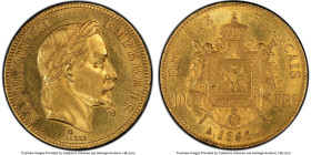 Napoleon III gold 100 Francs 1864-A MS62 PCGS, Paris mint, KM802.1, Gad-1136. Mintage: 5,536. Majestic old gold toning dresses the surfaces on this gl...