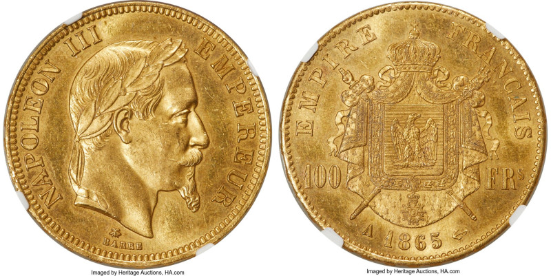 Napoleon III gold 100 Francs 1865-A MS62 NGC, Paris mint, KM802.1, Gad-1136. Min...